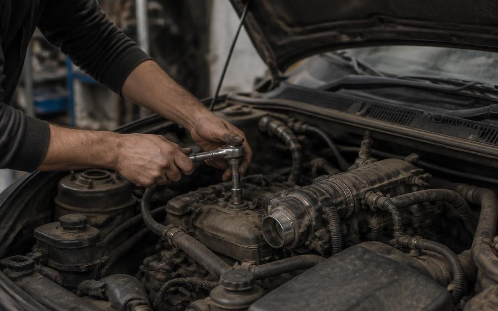 Mechanic's hands working on a car engine with the bonnet open