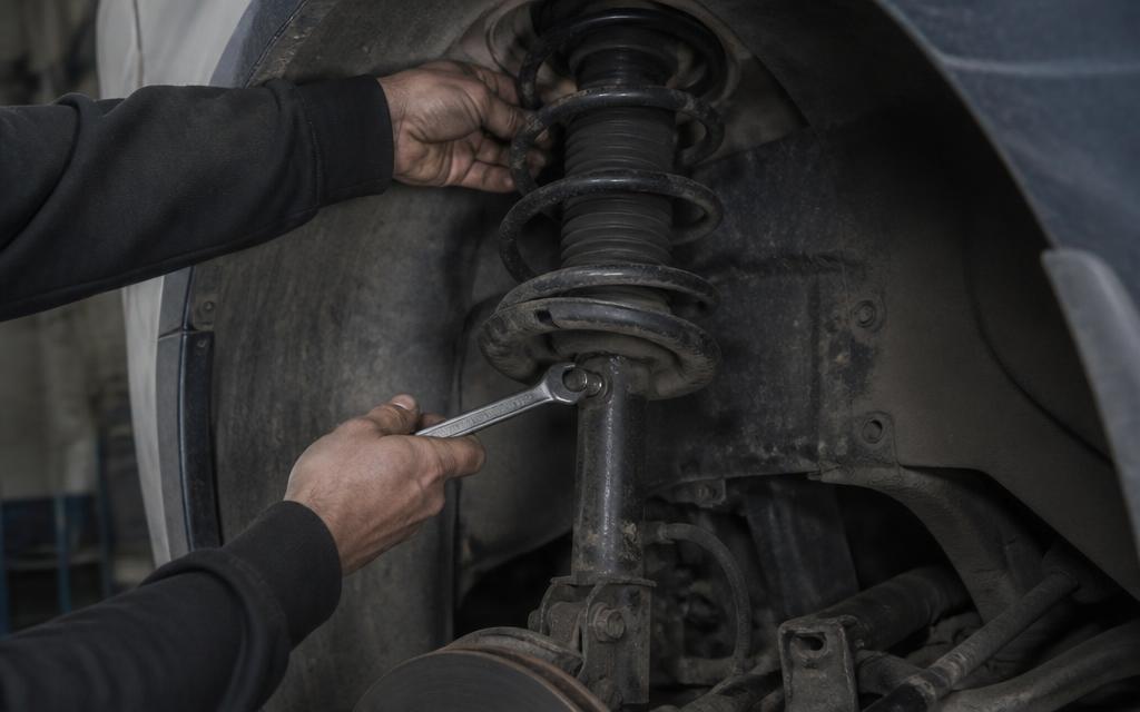 Shock absorber and coil spring under a lifted vehicle being worked on